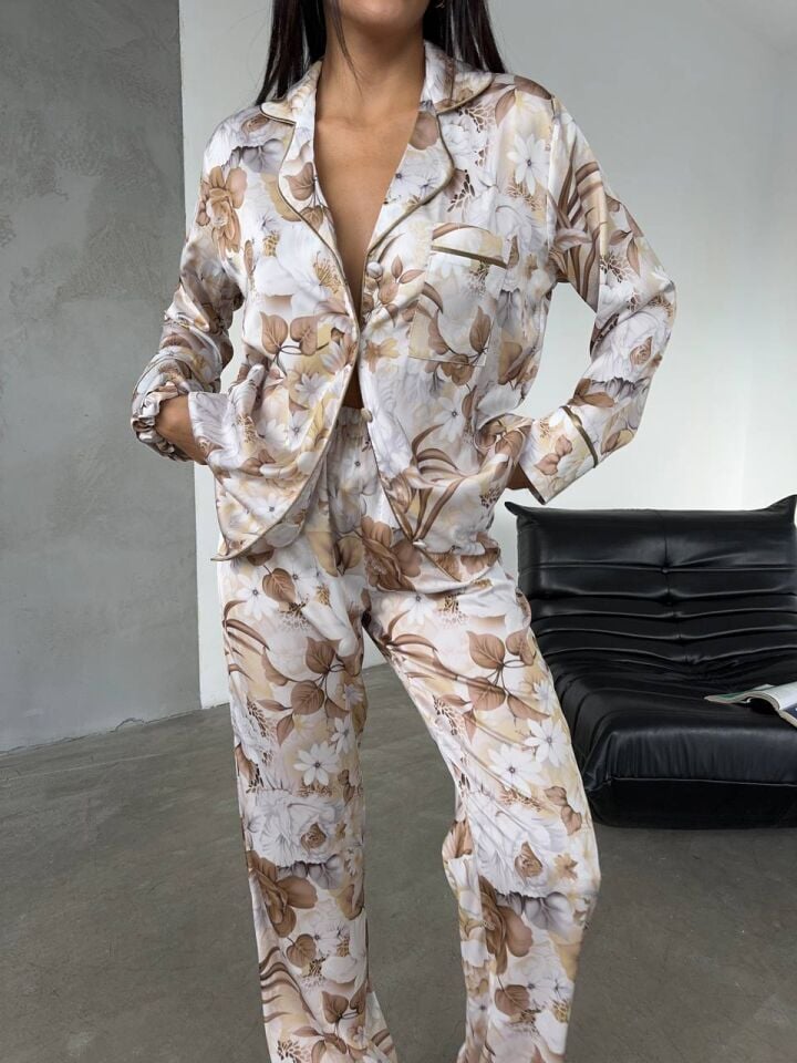 İpek Saten Pijama Kahve Çiçek Desenli