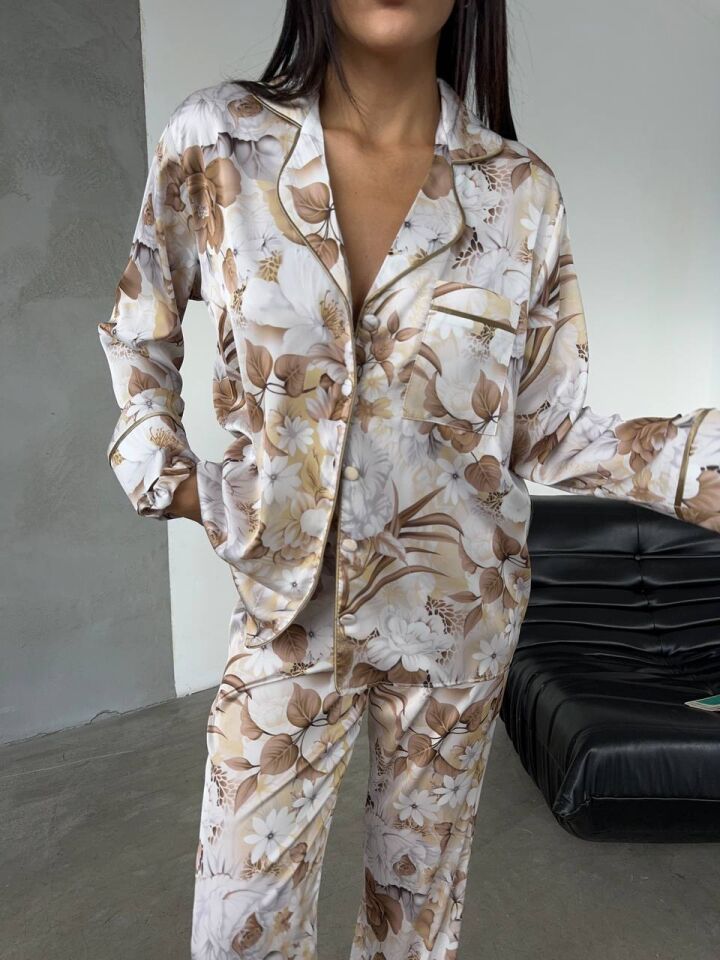 İpek Saten Pijama Kahve Çiçek Desenli