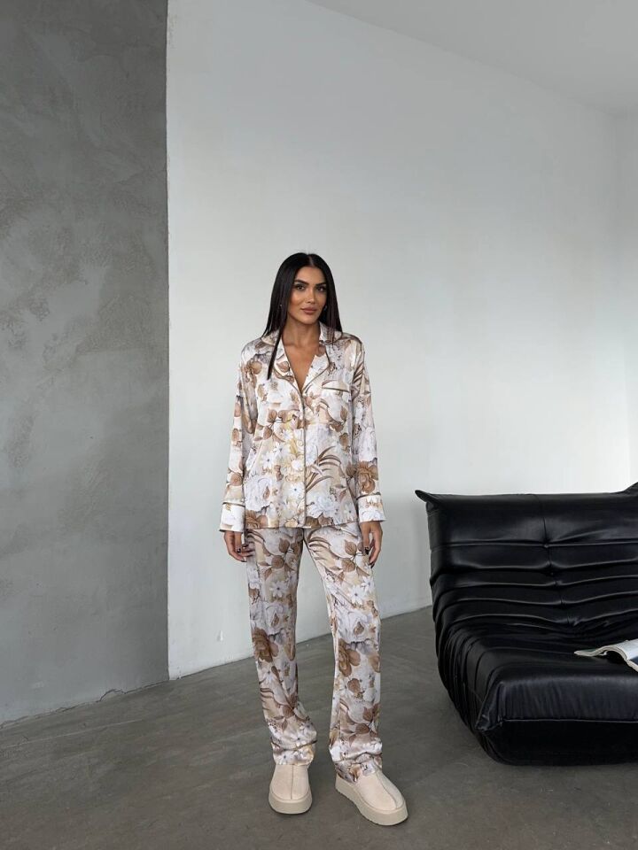 İpek Saten Pijama Kahve Çiçek Desenli