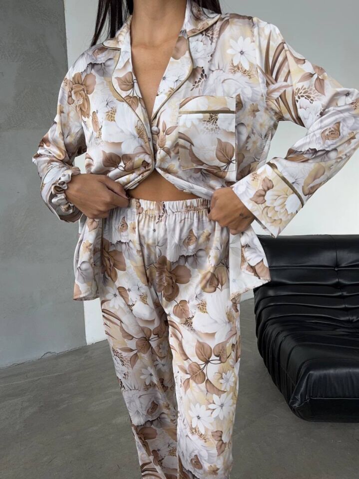 İpek Saten Pijama Kahve Çiçek Desenli