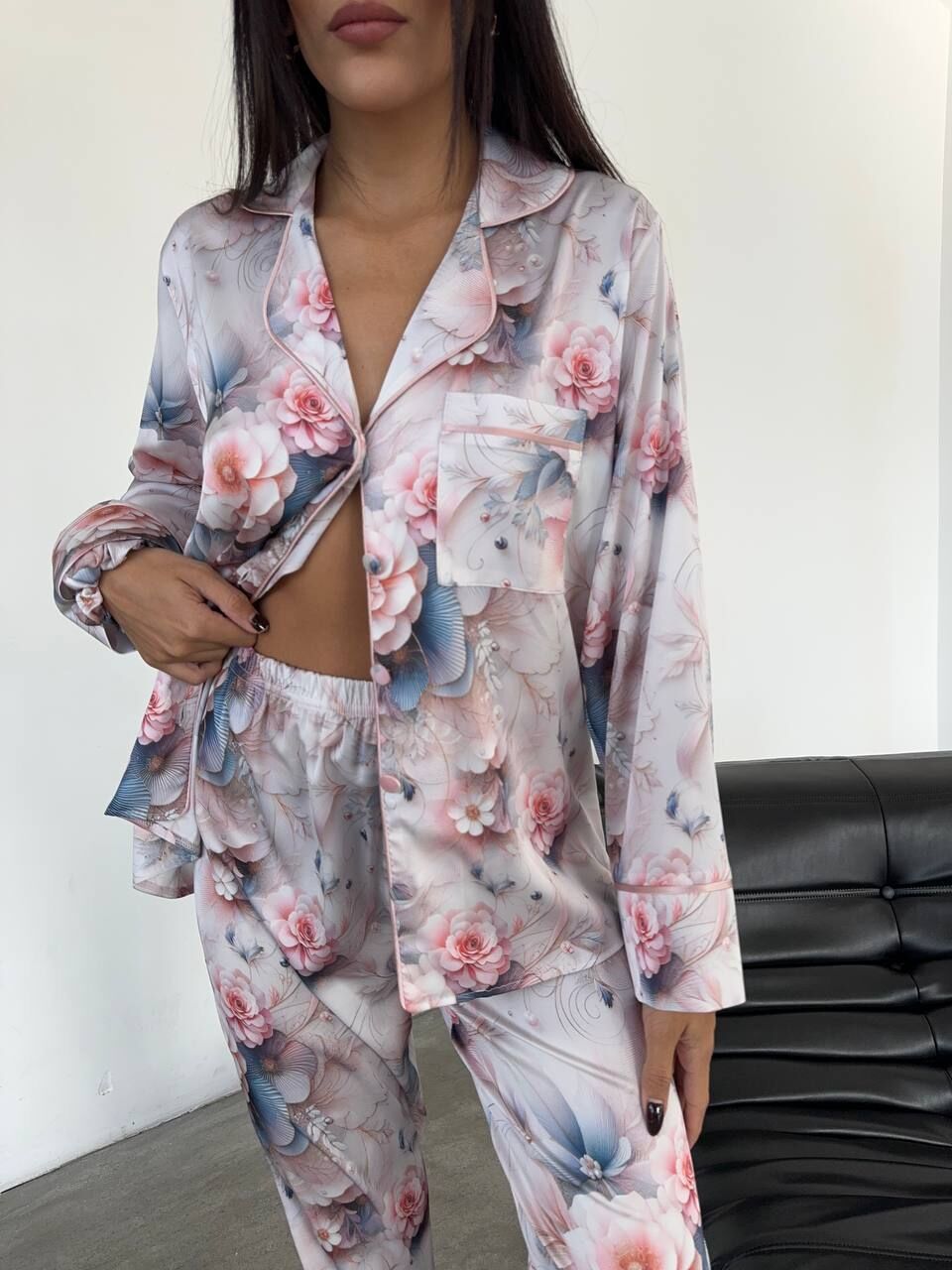 İpek Saten Pijama Pembe Çiçek Desenli