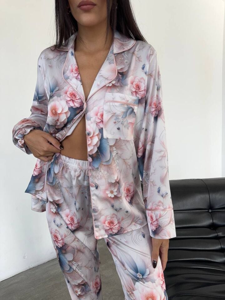 İpek Saten Pijama Pembe Çiçek Desenli