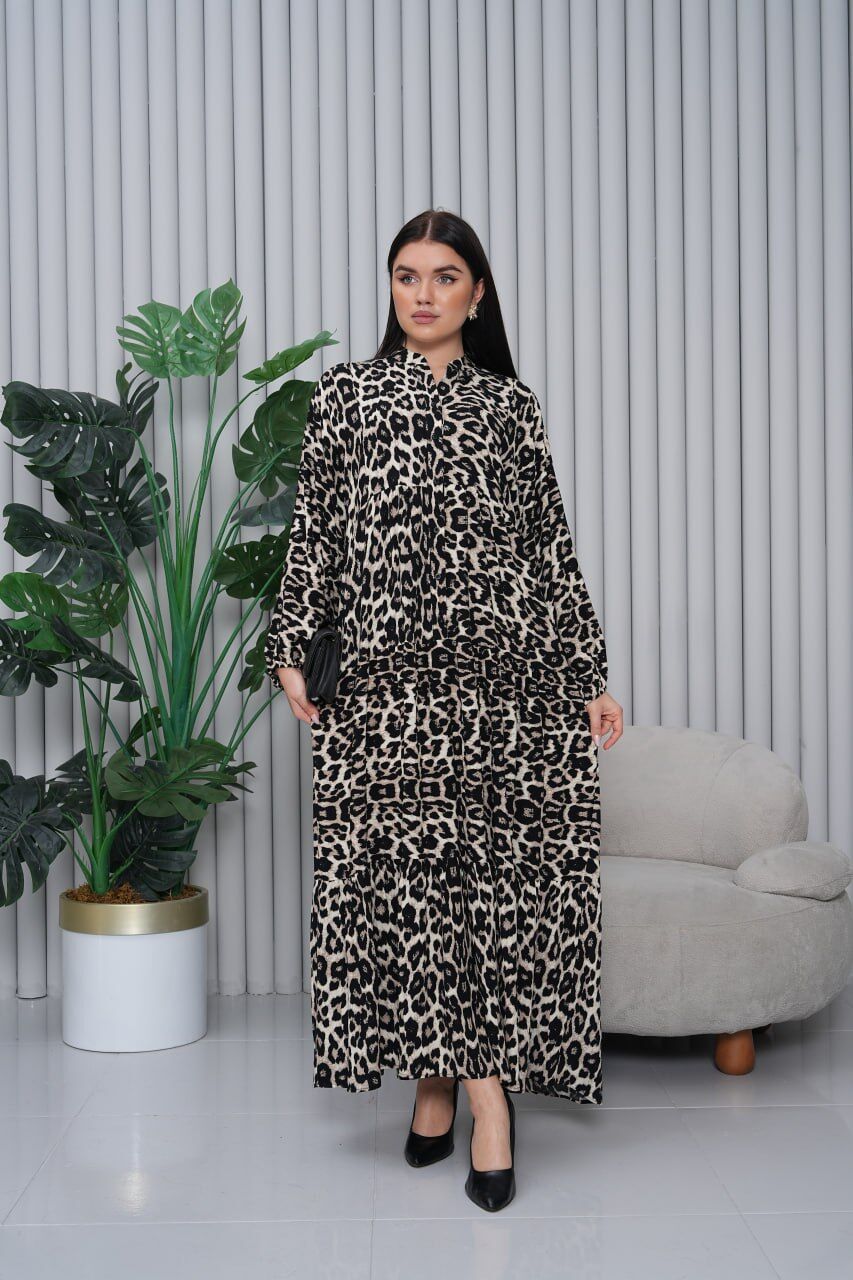 Leopar Vizon Desenli Elbise
