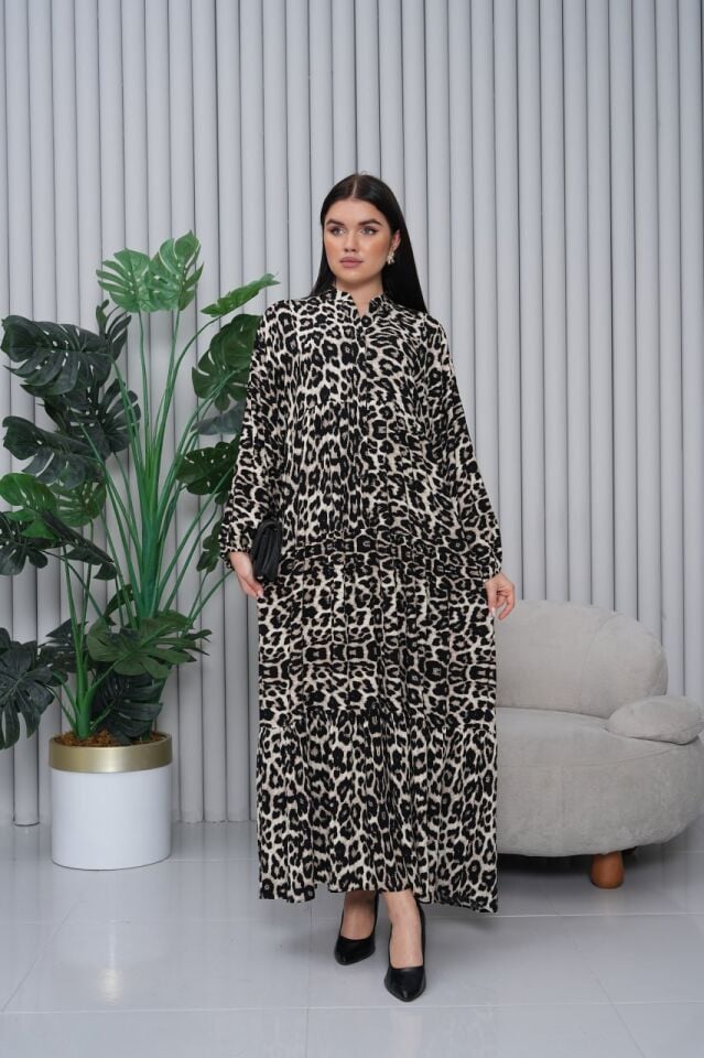 Leopar Vizon Desenli Elbise