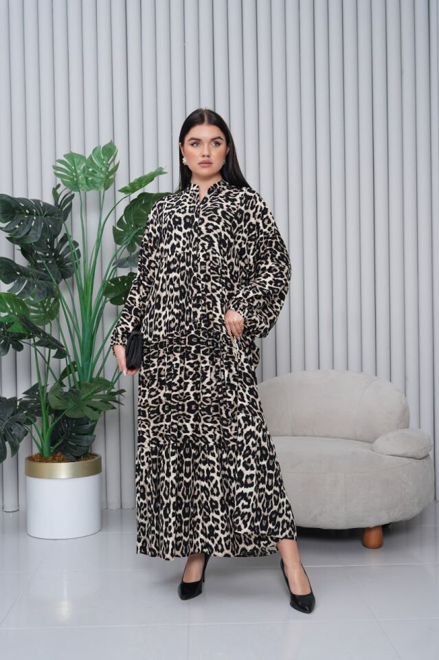 Leopar Vizon Desenli Elbise