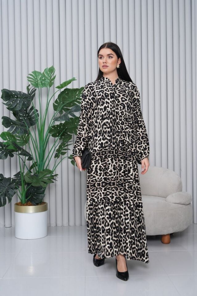 Leopar Vizon Desenli Elbise