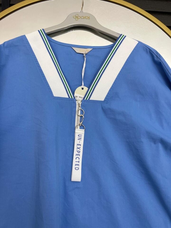 V Yaka Fermuarlı  Beli Büzgülü Bluz