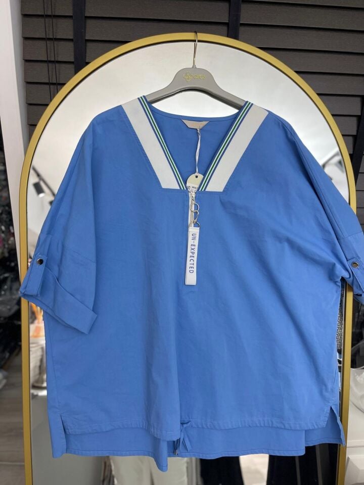 V Yaka Fermuarlı  Beli Büzgülü Bluz
