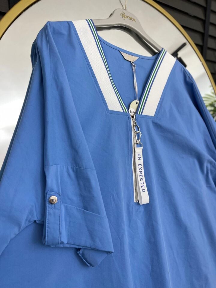 V Yaka Fermuarlı  Beli Büzgülü Bluz
