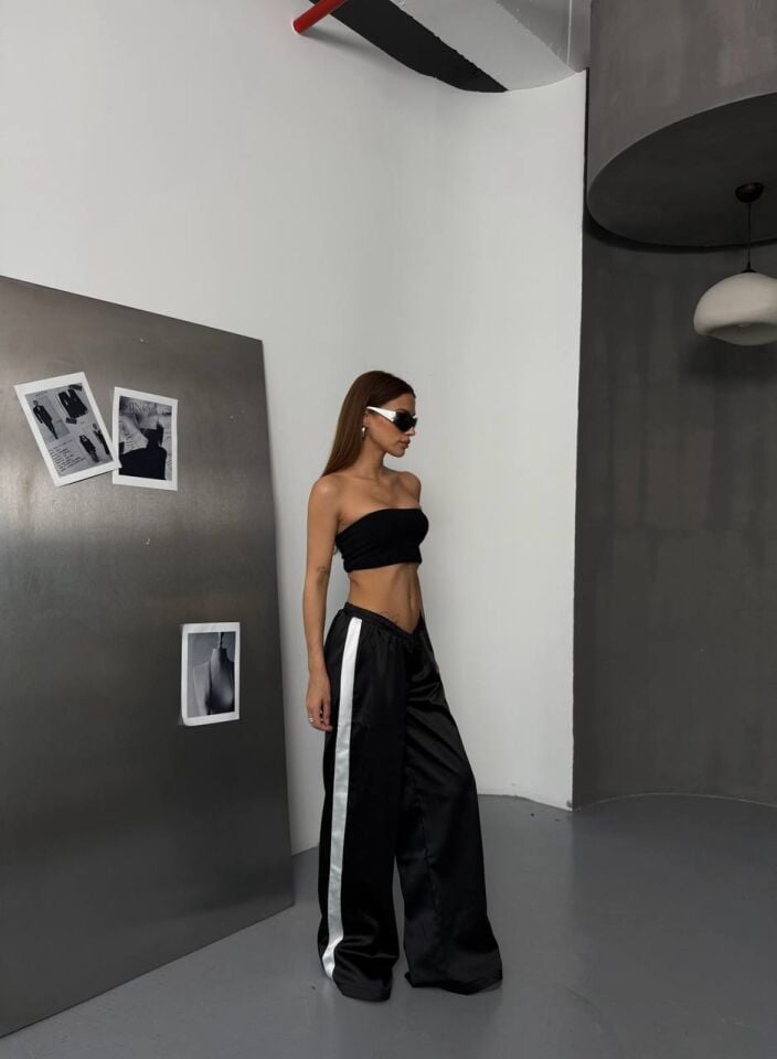Siyah Garnili Saten Pantalon
