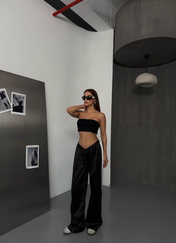 Siyah Garnili Saten Pantalon