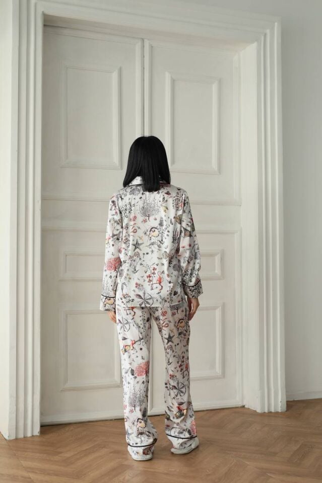 İpek Saten Pijama Kelebek Desenli