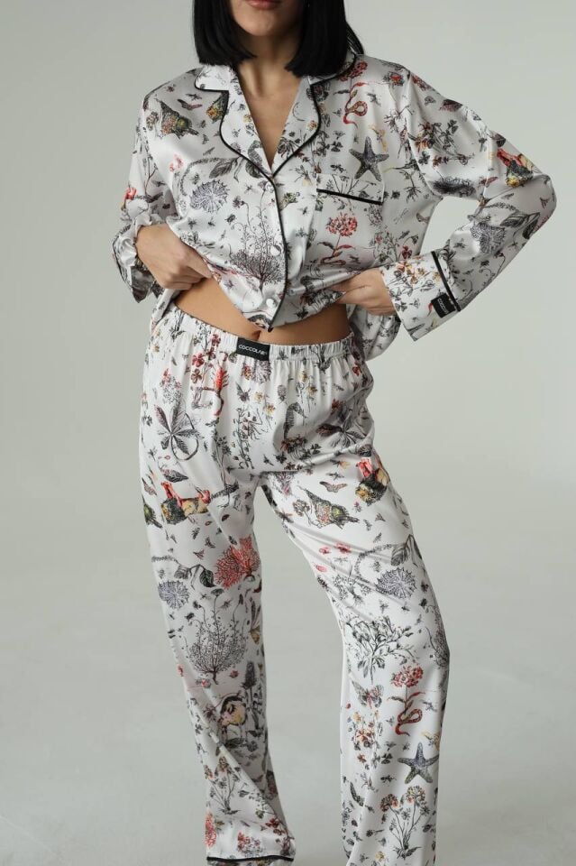 İpek Saten Pijama Kelebek Desenli